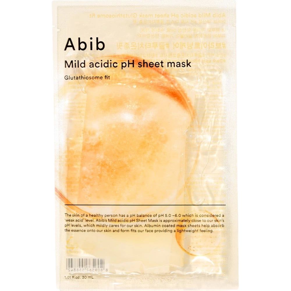 Emballage du masque en tissu ABIB Mild Acid pH. Inscription : Abib, Mild acidic pH sheet mask, Glutathiosome fit. Description du produit.