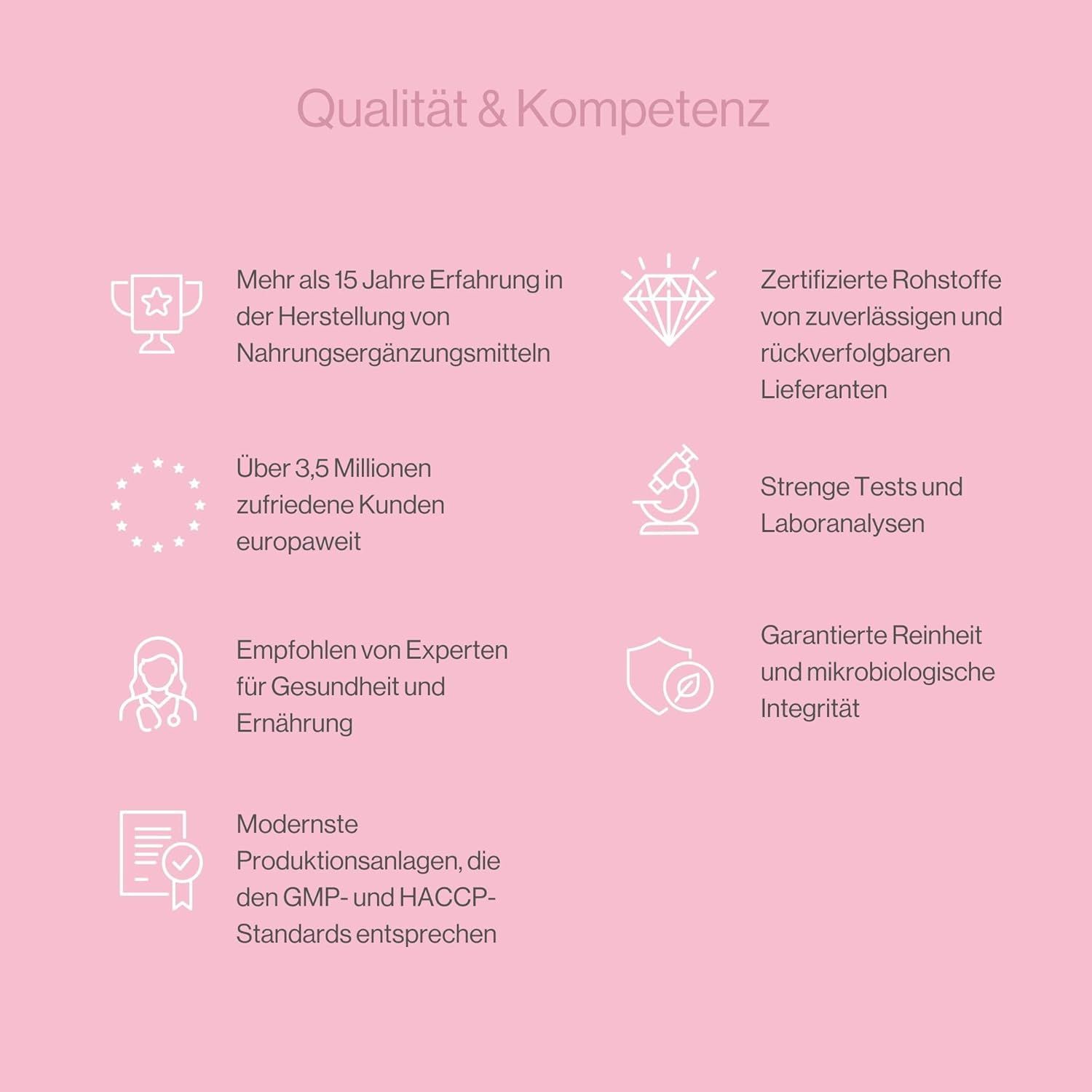 Infographie qualité et compétence. Plus de 15 ans d'expérience, matières premières certifiées, clients satisfaits, tests rigoureux, experts.