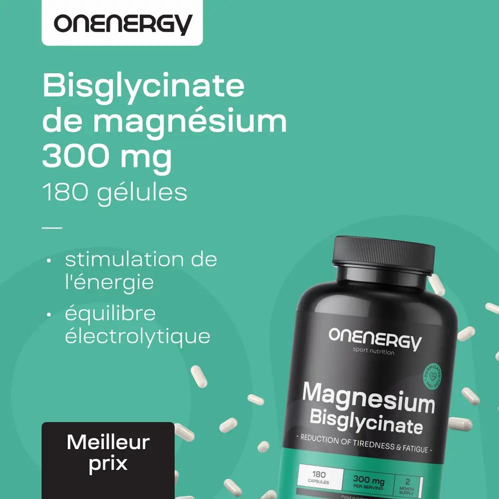 Onenergy Magnesiumbisglycinate 300 mg, 180 gélules. Flacon et gélules. Texte: stimulation de l'énergie, électrolytes.