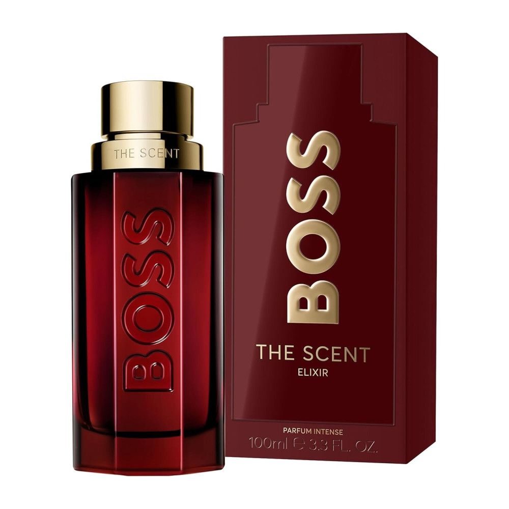 Flacon rouge et emballage. Bouchon doré. Logo BOSS. Inscription "THE SCENT ELIXIR".
