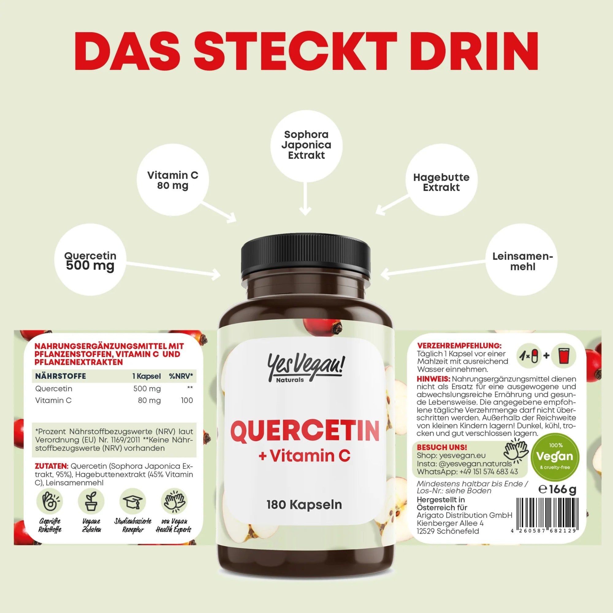 Bruine capsule met etiket 'Quercetin + Vitamin C', 180 capsules. Overzicht van ingrediënten en dosering.