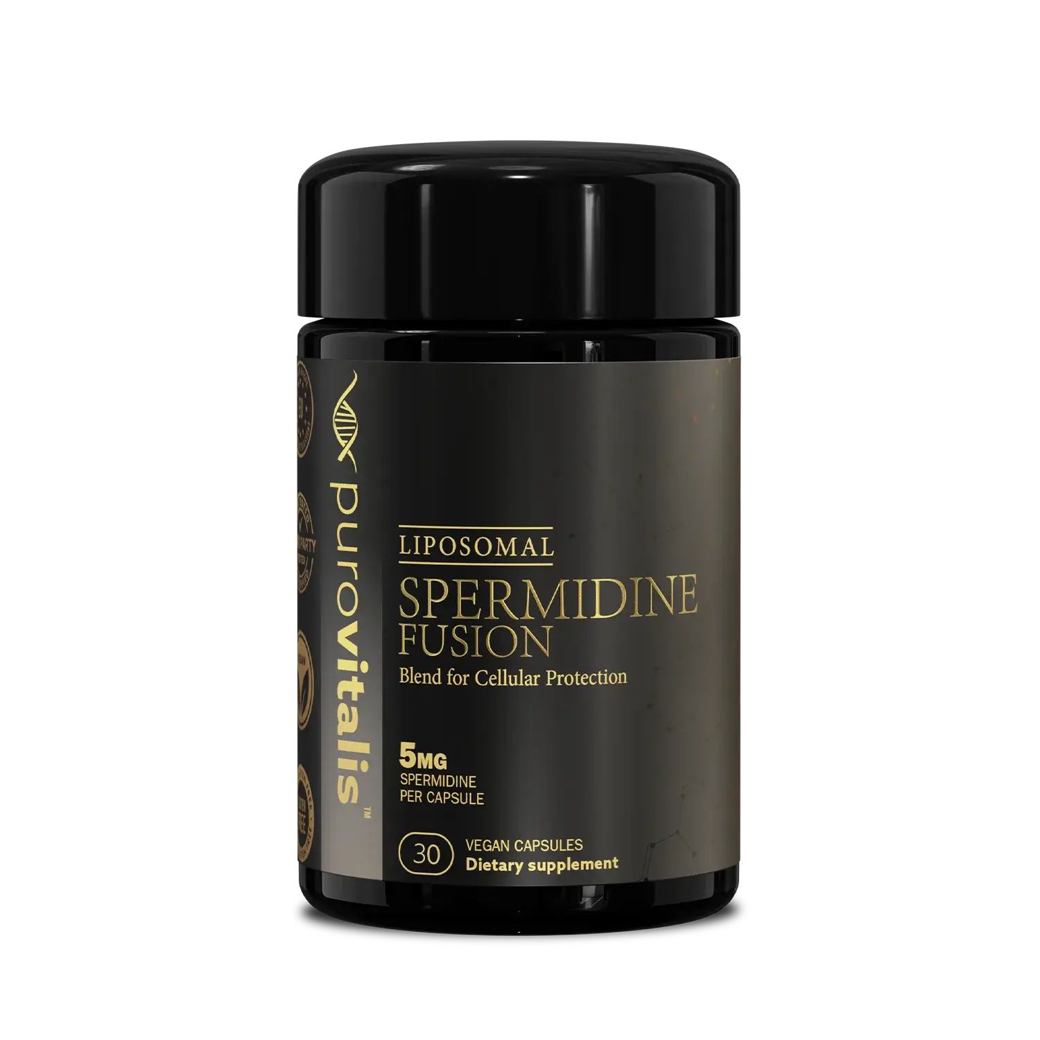 Zwarte fles 'Liposomale Spermidine Fusion'. Bevat 30 veganistische capsules. Merk: Purovitalis.
