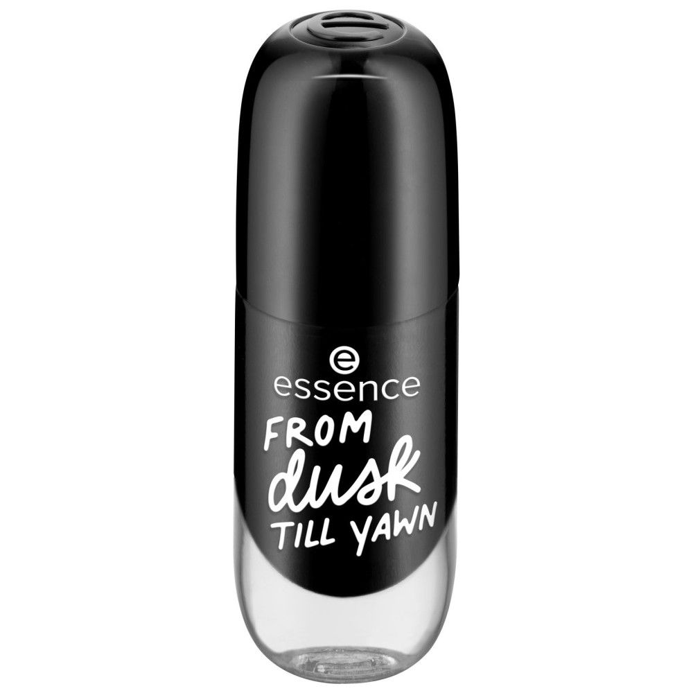 Flacon de vernis à ongles avec bouchon noir. Inscription : Essence, From dusk till yawn.