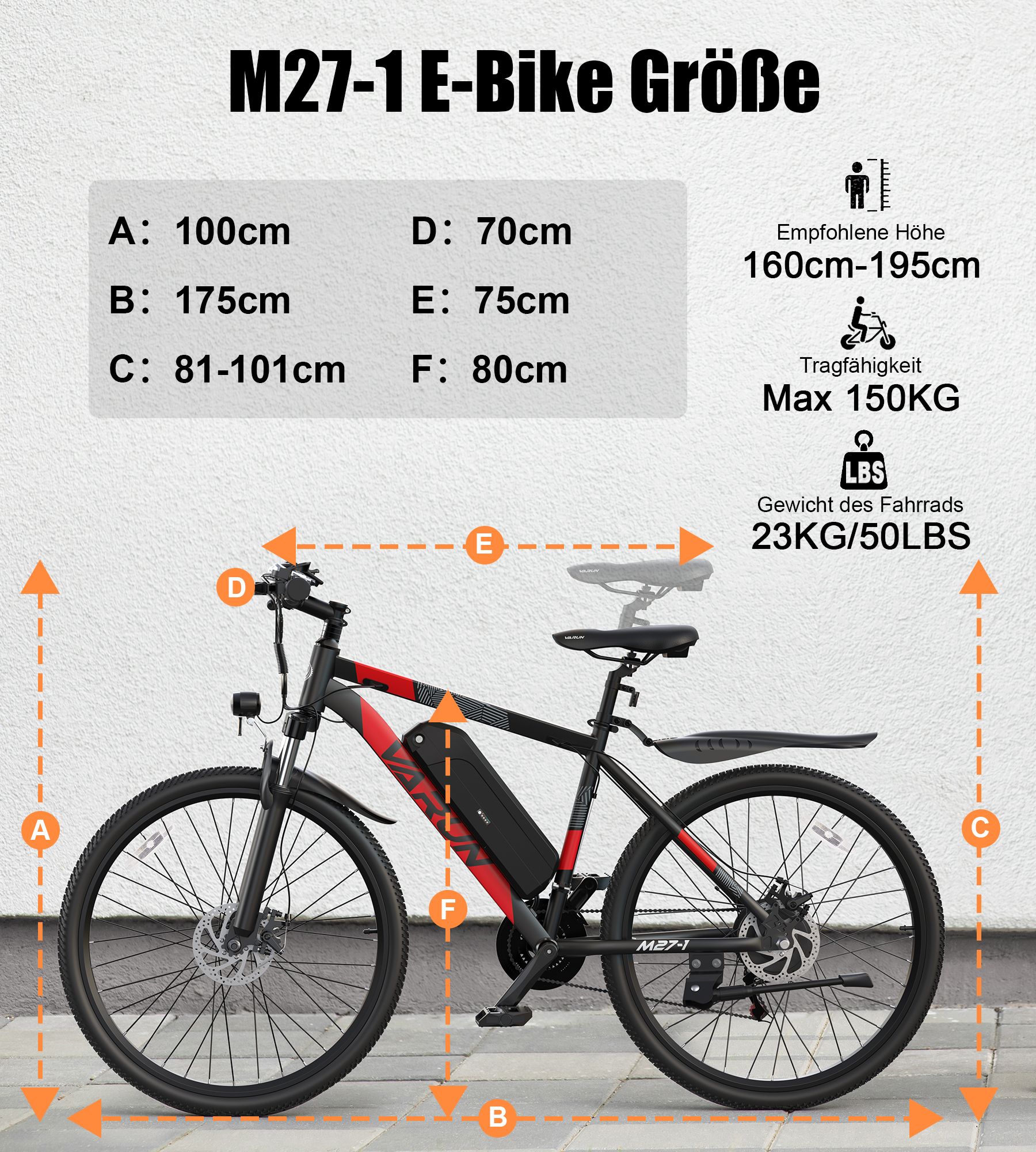 Dimensions du vélo électrique: A: 100cm, B: 175cm, C: 81-101cm, D: 70cm, E: 75cm, F: 80cm. Max. 150KG, 23KG/50LBS.