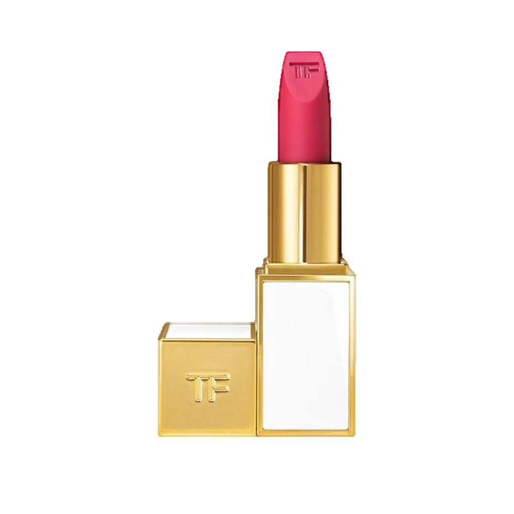 Roze lipstick. Gouden huls met witte behuizing. TF-logo op de dop.