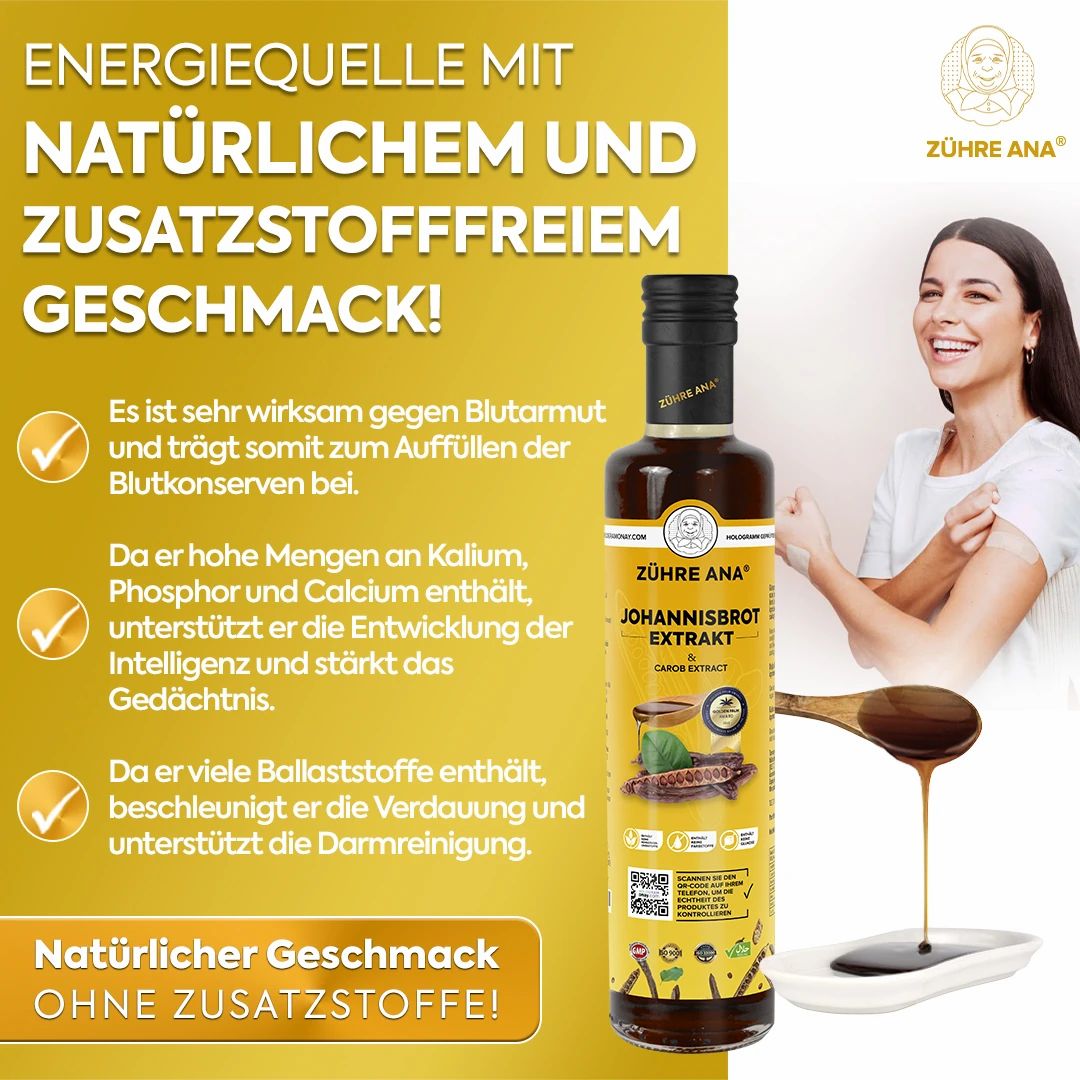 Productfles naast tekst en vrouw. Fles met geel etiket, opschrift: Zühre Ana Johannisbrot Extrakt. Lepel met vloeistof.
