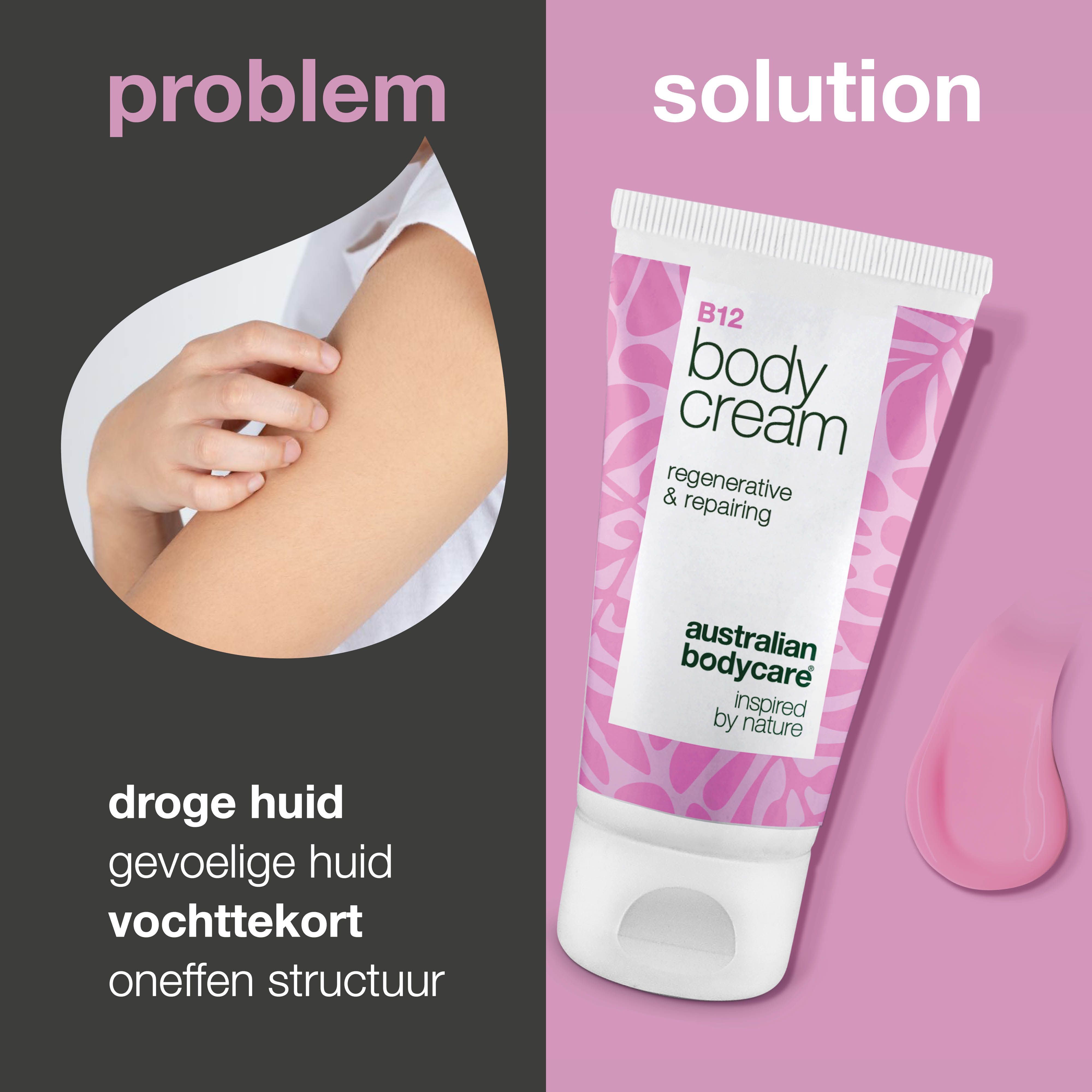 Vergelijking probleem/oplossing. Links: arm met droge huid. Rechts: tube B12 Body Cream en roze crème.