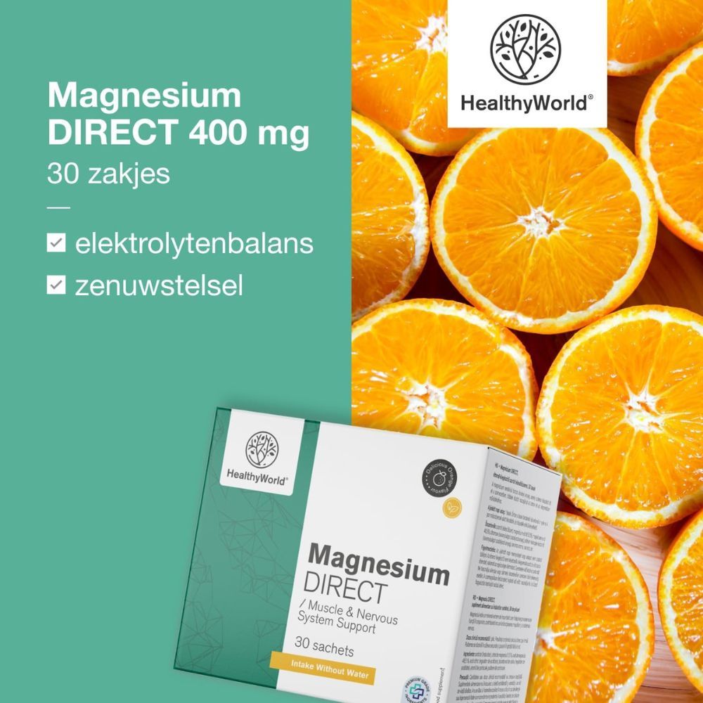 Magnesium DIRECT 400 mg, 30 zakjes. Met sinaasappels. Merk HealthyWorld. Elektrolytenbalans en zenuwstelsel.
