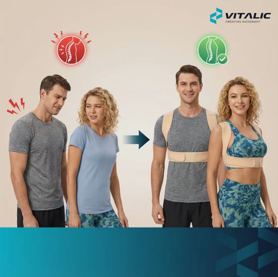 Vergelijking: slechte houding naar correcte houding. Houdingscorrector. Beige. VITALIC logo. Symbolen.