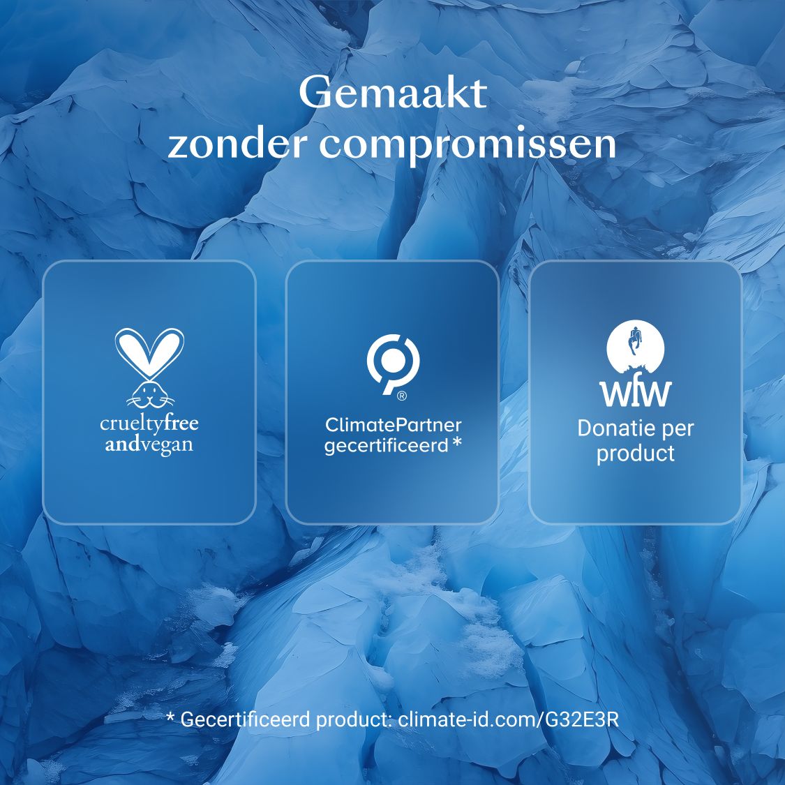 Blauwe achtergrond met logo's. Tekst: crueltyfree andvegan, ClimatePartner gecertificeerd, wiw Donatie.