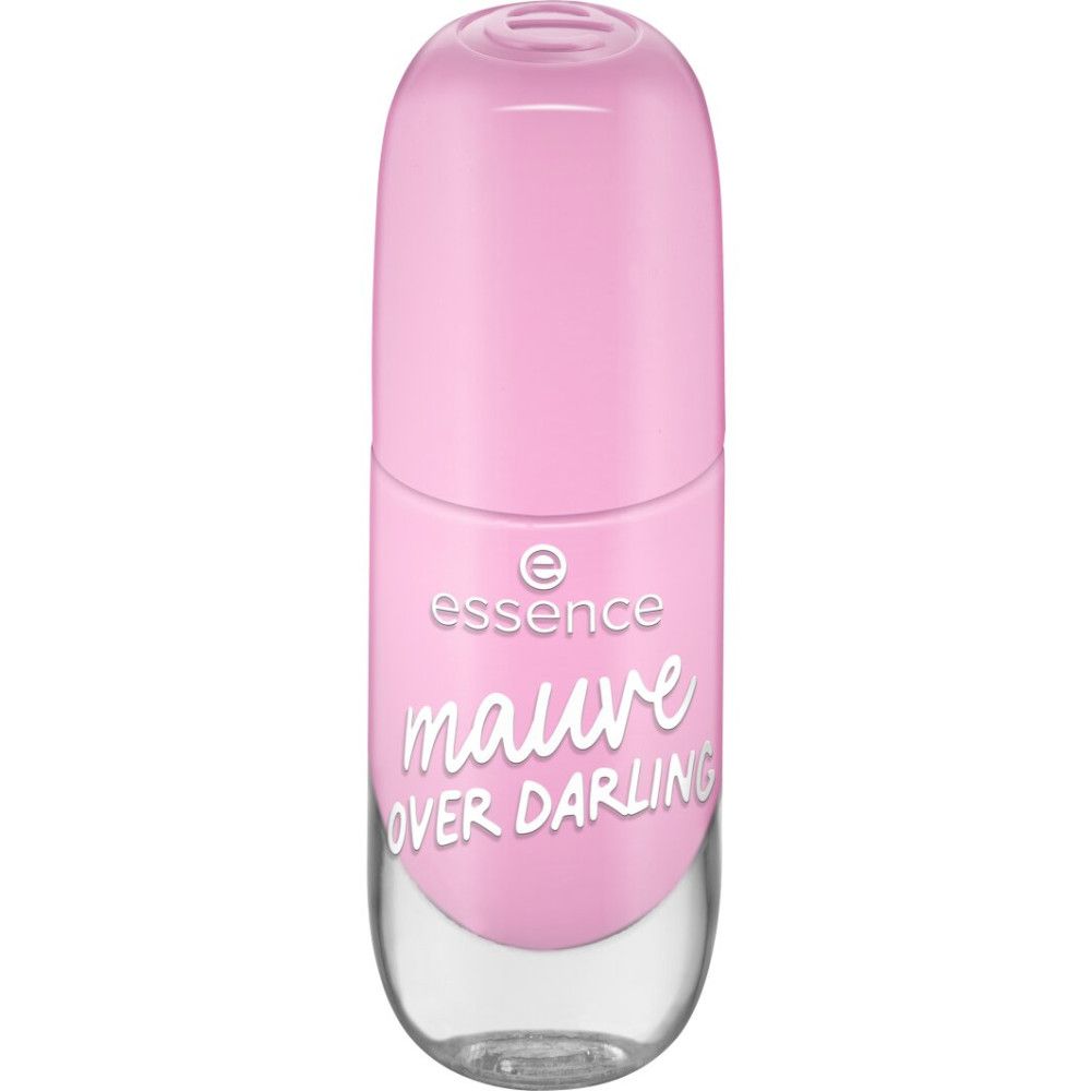 Flacon de vernis à ongles Essence fermé. Couleur rose, inscription 'mauve OVER DARLING'.