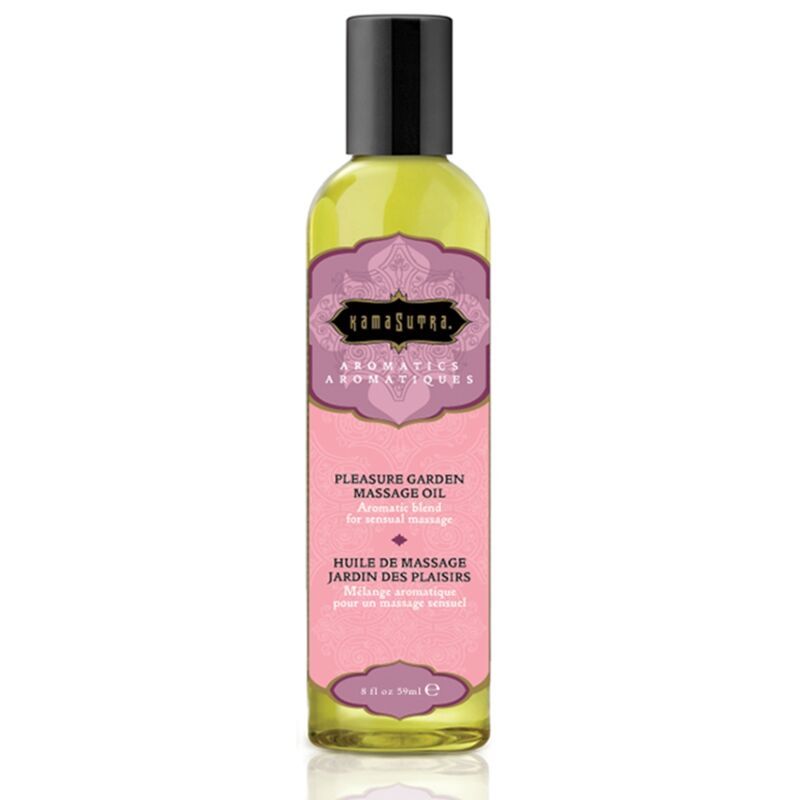 Huile de massage dans une bouteille avec un bouchon noir. Étiquette rose et violette avec informations produit.