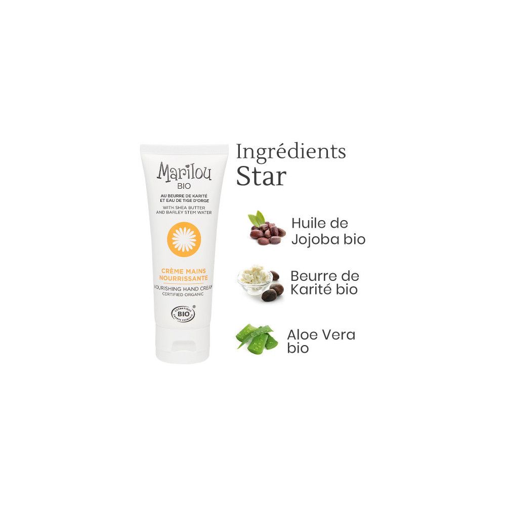 Tube de crème pour les mains Marilou Bio. Ingrédients: Jojoba, beurre de karité, aloe vera.
