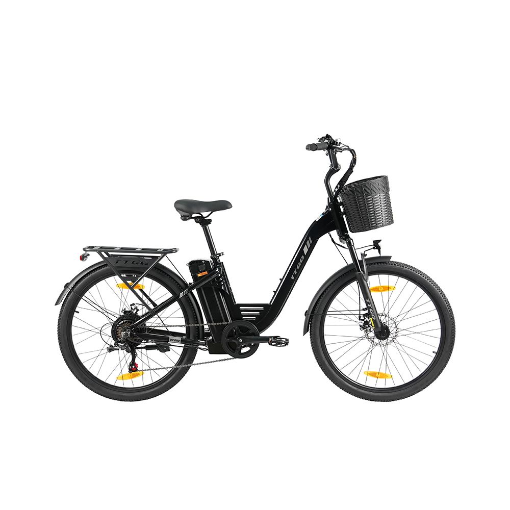 Zwarte TTGO C2 PRO e-bike. Mand voor, bagagedrager achter. Shimano 7 versnellingen. Accu op frame.