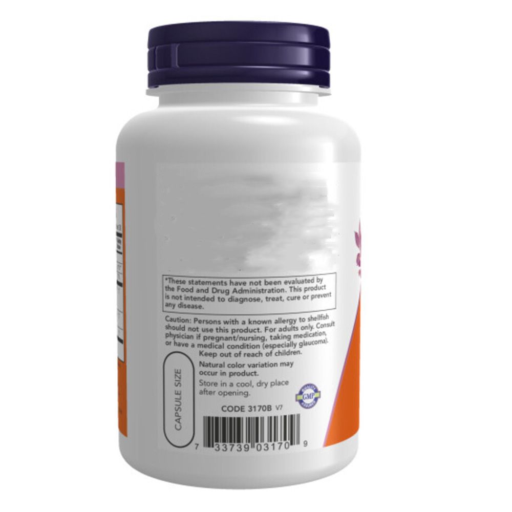Côté de la bouteille de Glucosamine Chondroïtine avec MSM de Now Foods, avec avertissements et code-barres.