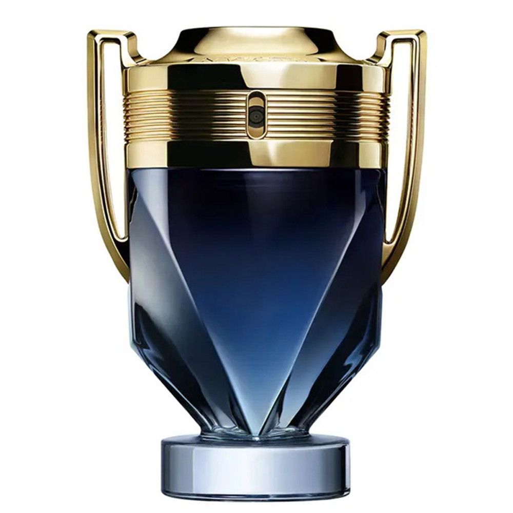 Flacon Invictus Parfum. Flacon bleu avec bouchon et anses dorés. Sur socle argenté.