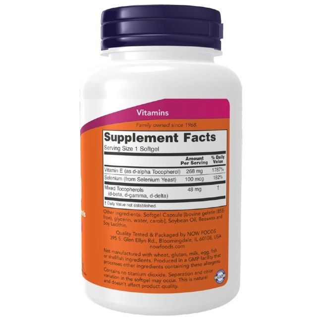 Dos de Now Foods E-400 capsules avec sélénium. Faits sur les suppléments et ingrédients.