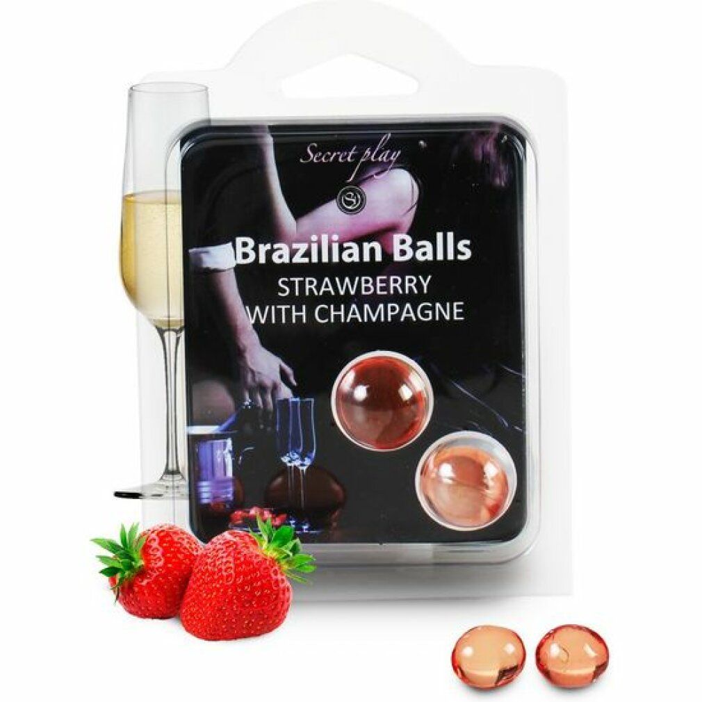 Secret Play Brazilian Balls Aardbei met Champagne in blisterverpakking, met aardbeien en champagneglas.