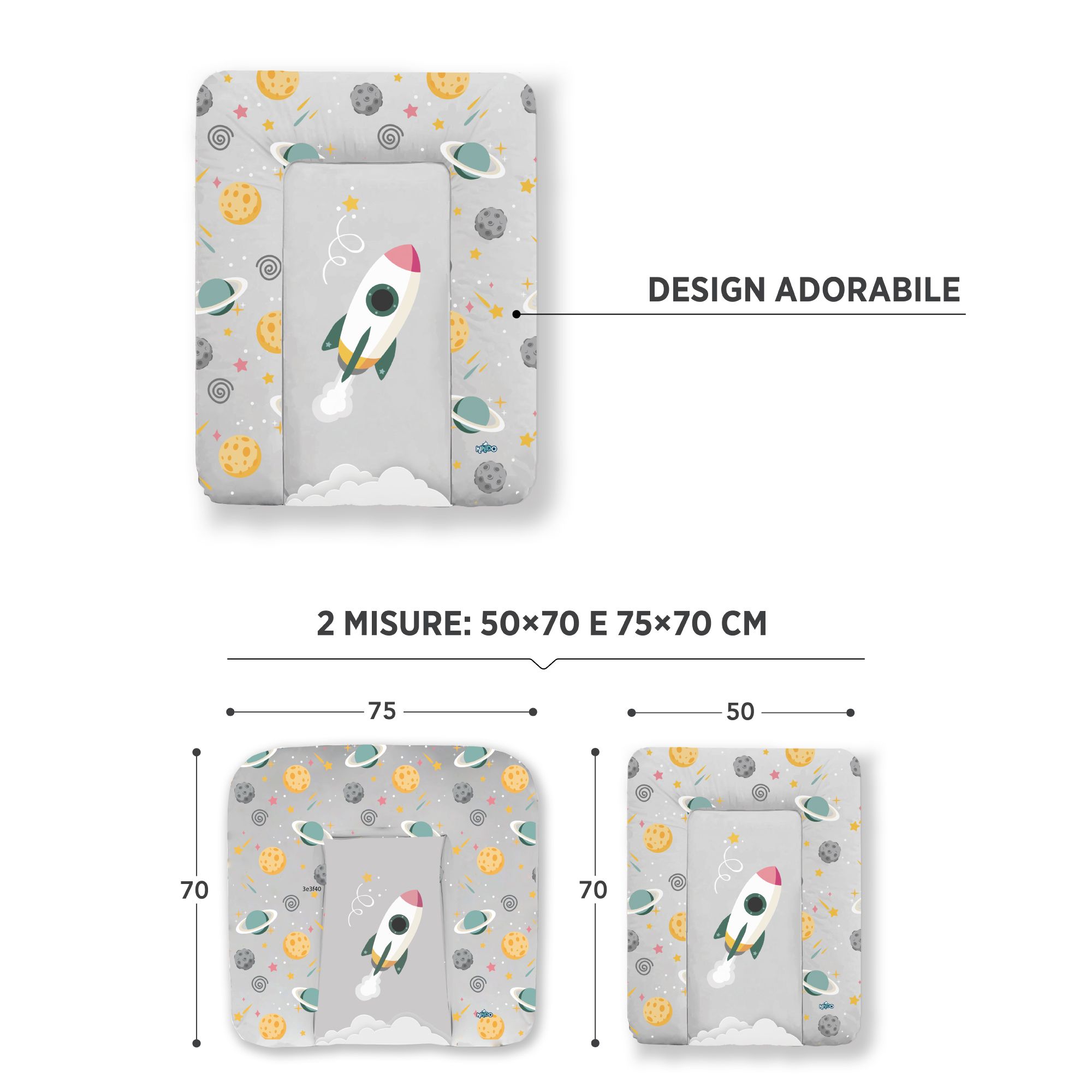 Twee aankleedkussens met ruimtemotief. Maten: 50x70 cm en 75x70 cm. Illustraties tonen de producten en afmetingen.