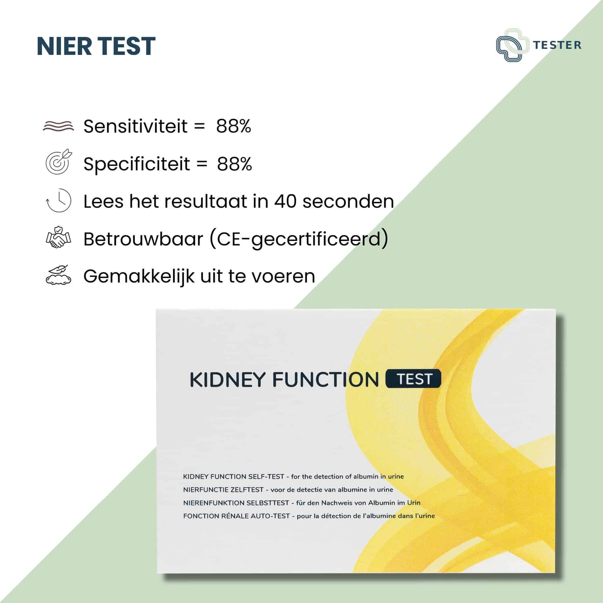Nierfunctie zelftest: gevoeligheid 88%, specificiteit 88%, CE-gecertificeerd.
