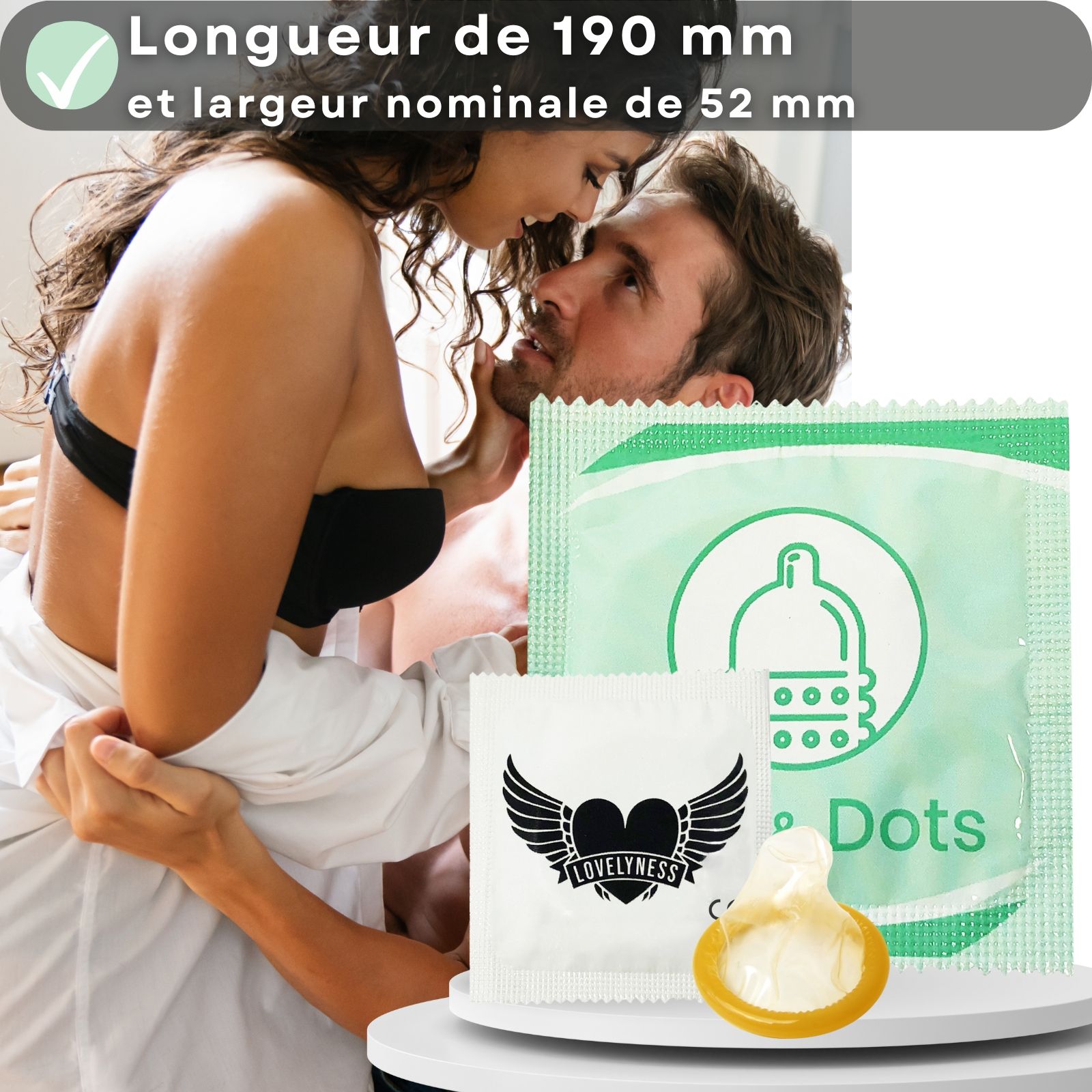 Préservatif avec picots et nervures. Inscription : Ribs & Dots. Logo : cœur ailé. Texte : Stimulant.