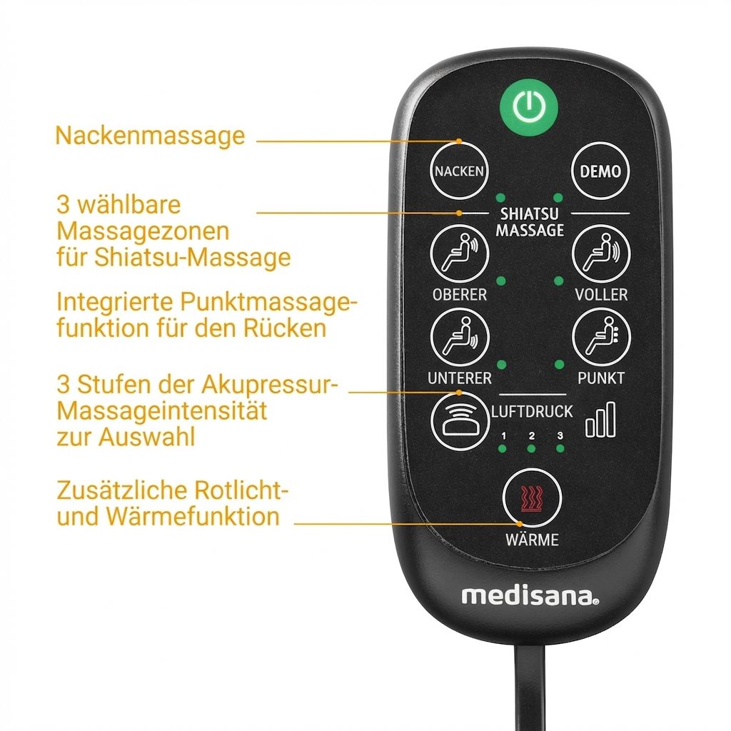 Afstandsbediening voor massagekussen met knoppen voor nek-, Shiatsu-, puntmassage en warmte.