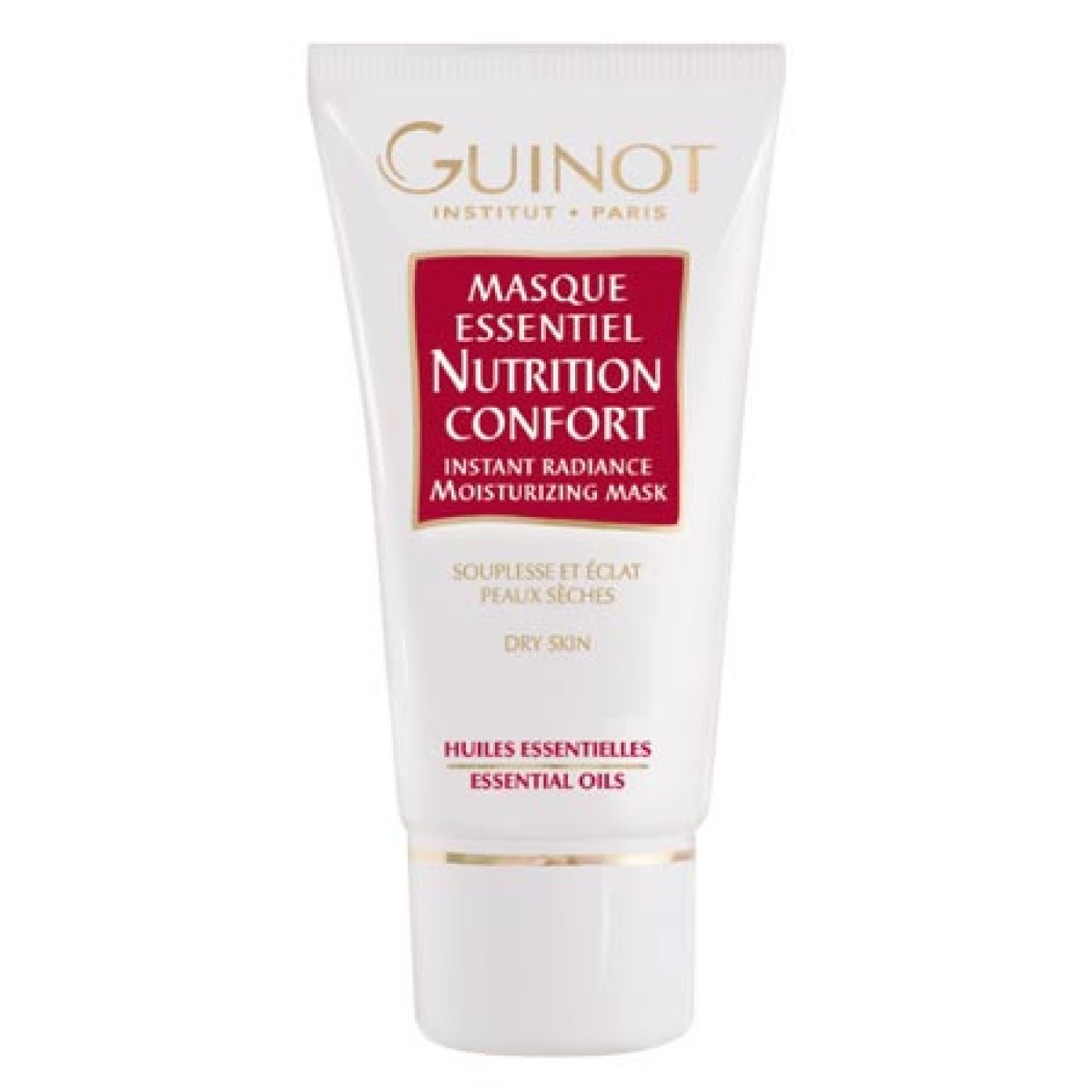 Tube blanc avec étiquette rouge. Texte: Guinot, Masque Essentiel Nutrition Confort, Instant Radiance Moisturizing Mask, Peaux sèches. Détails dorés.
