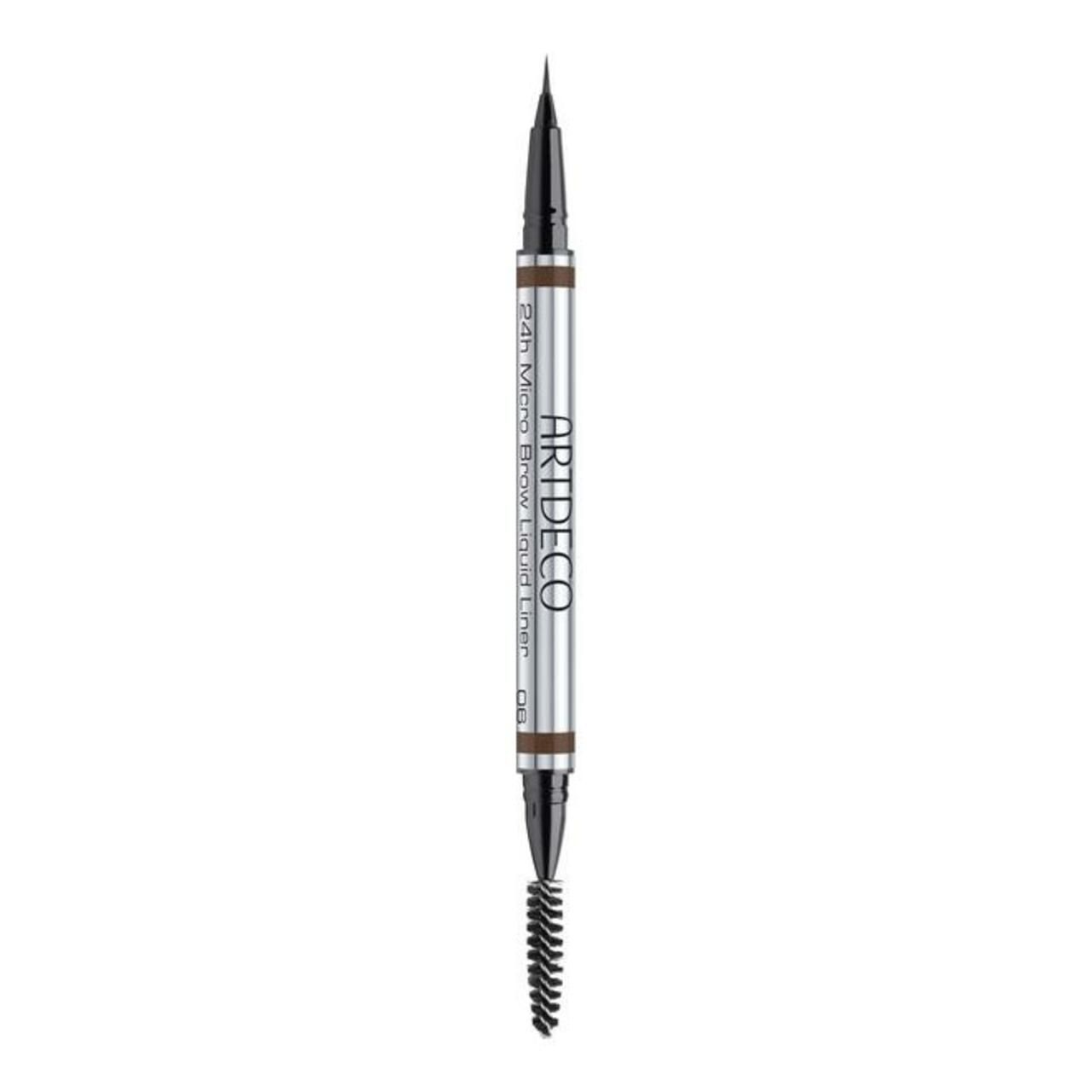 Dubbele pen. Artdeco 24h Micro Brow Liquid Liner. Zilver, punt, borstel. Bruine vulling. Zwarte punt. Met opschrift.