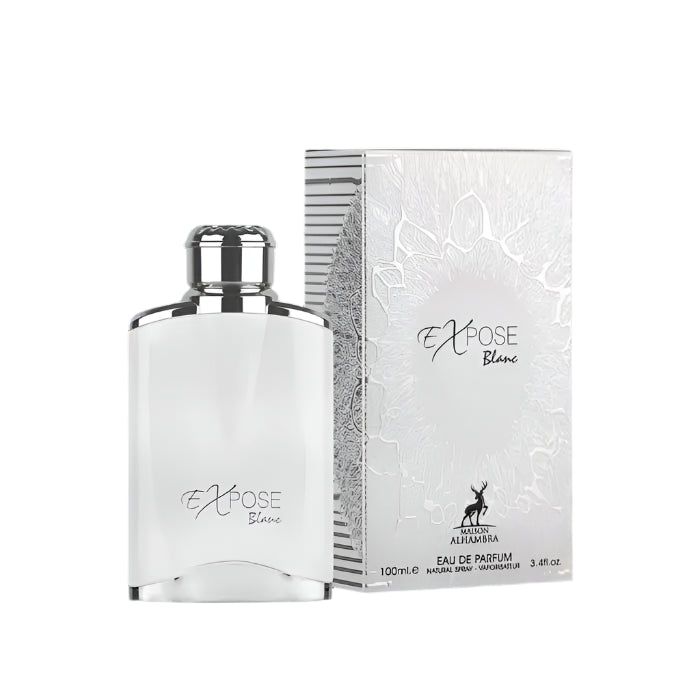 Flacon de parfum blanc "EXPOSE BLANC" 100ml avec bouchon argenté et boîte assortie.