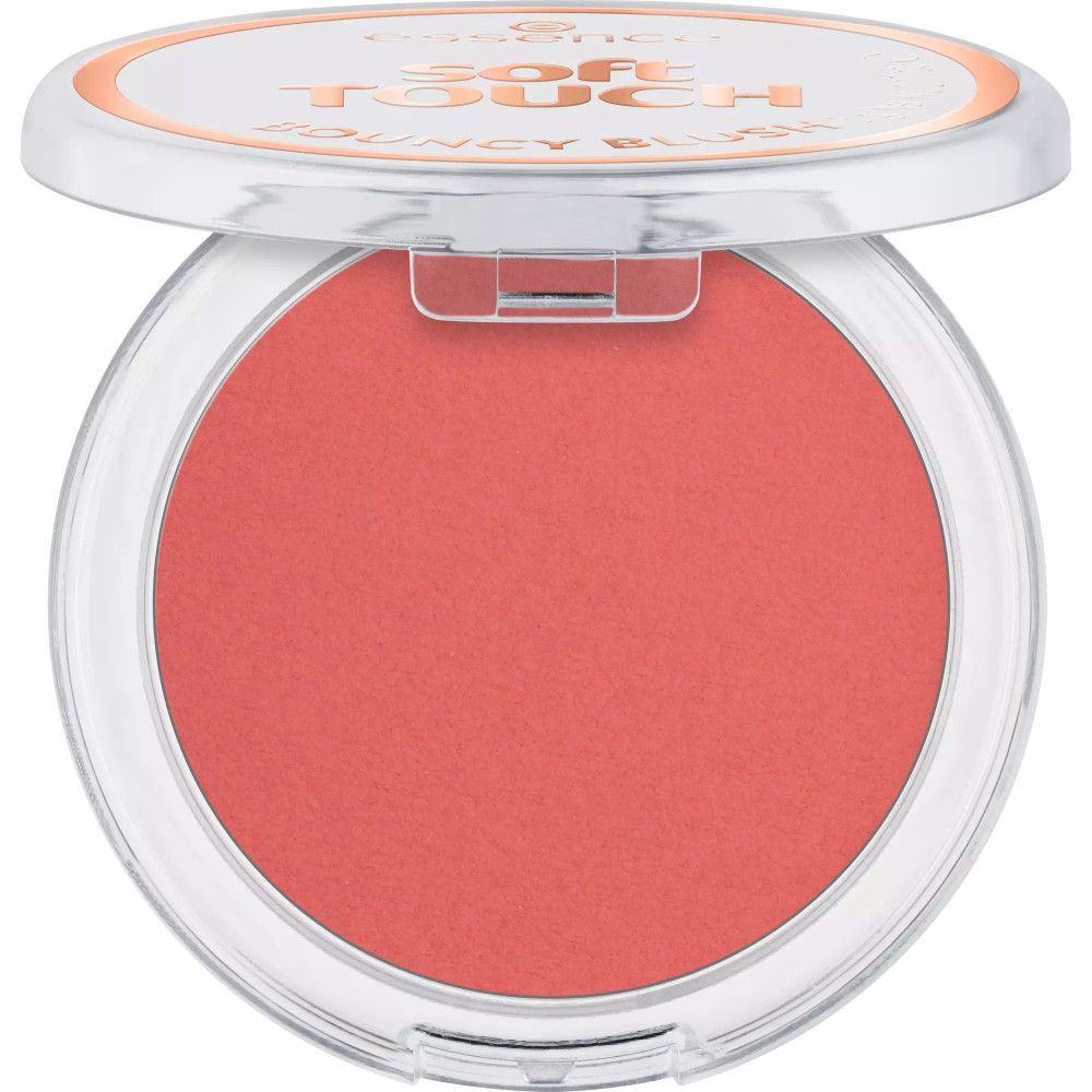 Boîtier de blush rond ouvert. Blush rose à l'intérieur. "Essence Soft Touch Bouncy Blush" sur le couvercle.