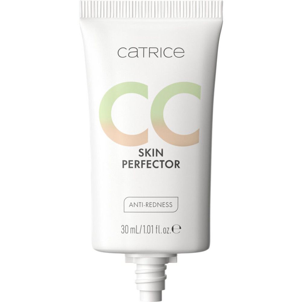 Catrice CC Skin Perfector tube. Witte tube met groene en perzik letters. Tekst: Anti-roodheid, 30 ml/1.01 fl.oz.e.