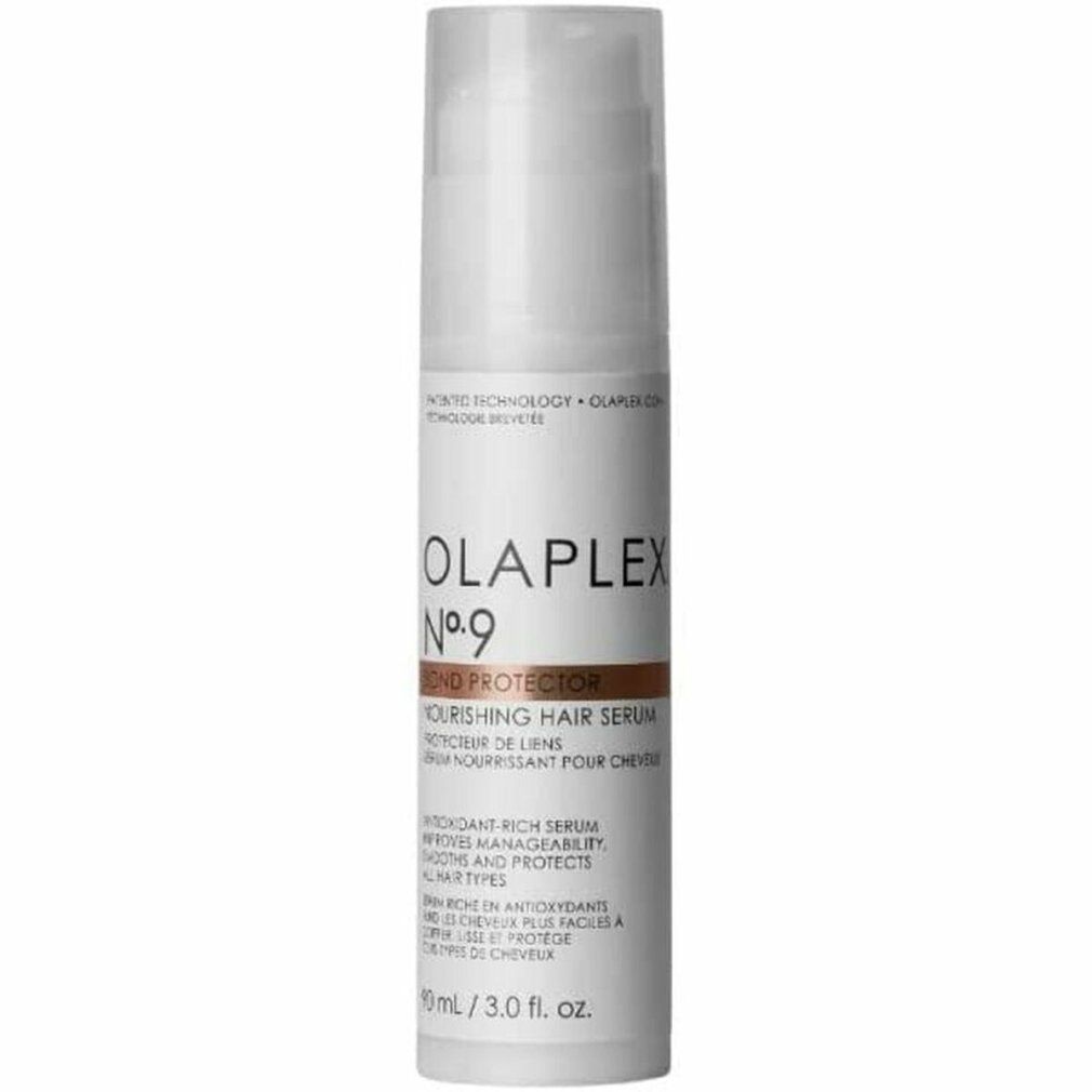 Flacon blanc Olaplex No.9 Bond Protector avec pompe. Inscription : Nourishing Hair Serum. Bande marron avec nom du produit.