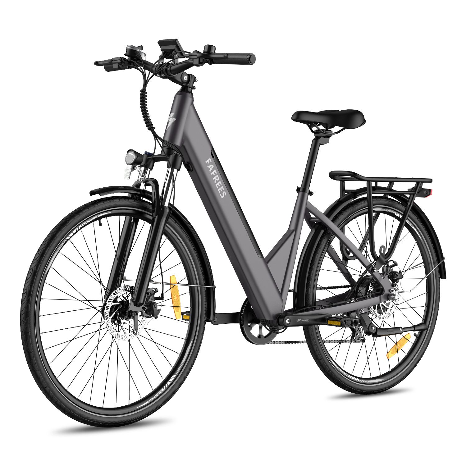 Vélo électrique gris FAFREES avec porte-bagages et garde-boue. Pneus noirs avec détails jaunes.