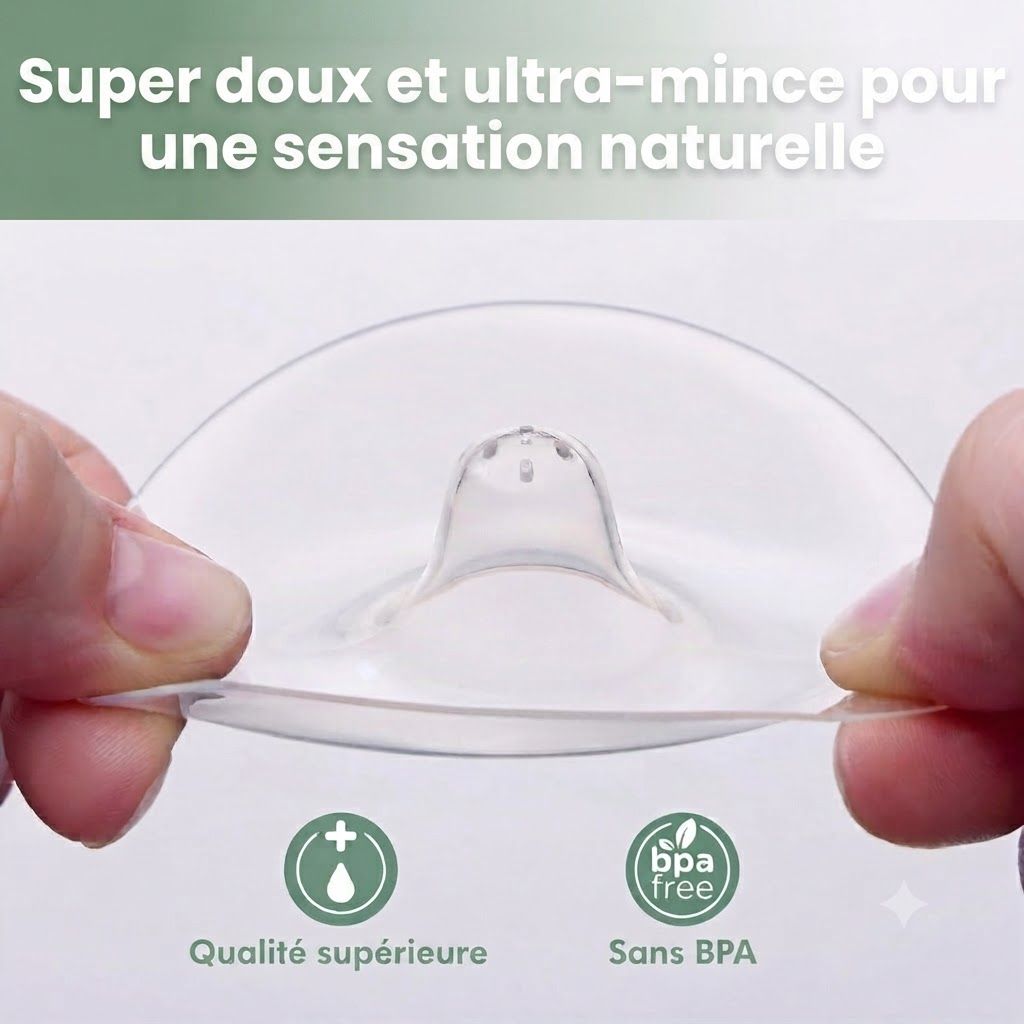 Protège-mamelon en silicone transparent et souple avec trous d'aération. Sans BPA.