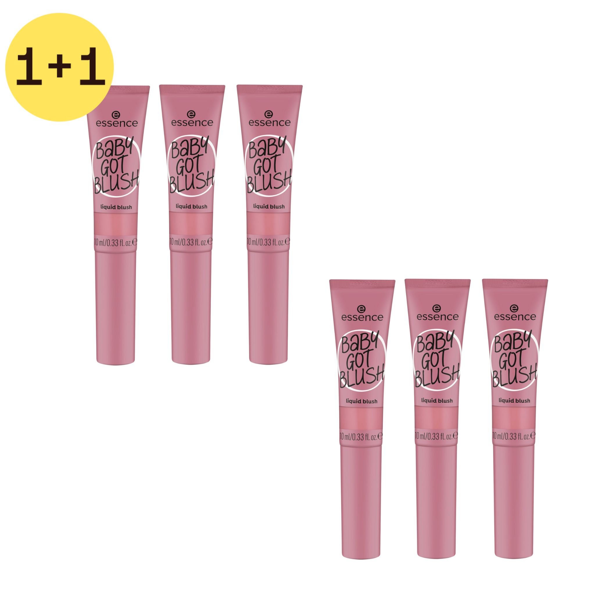 Zes roze tubes met witte applicator. Opschrift: Essence BABY GOT BLUSH liquid blush. Gele sticker: 1+1.