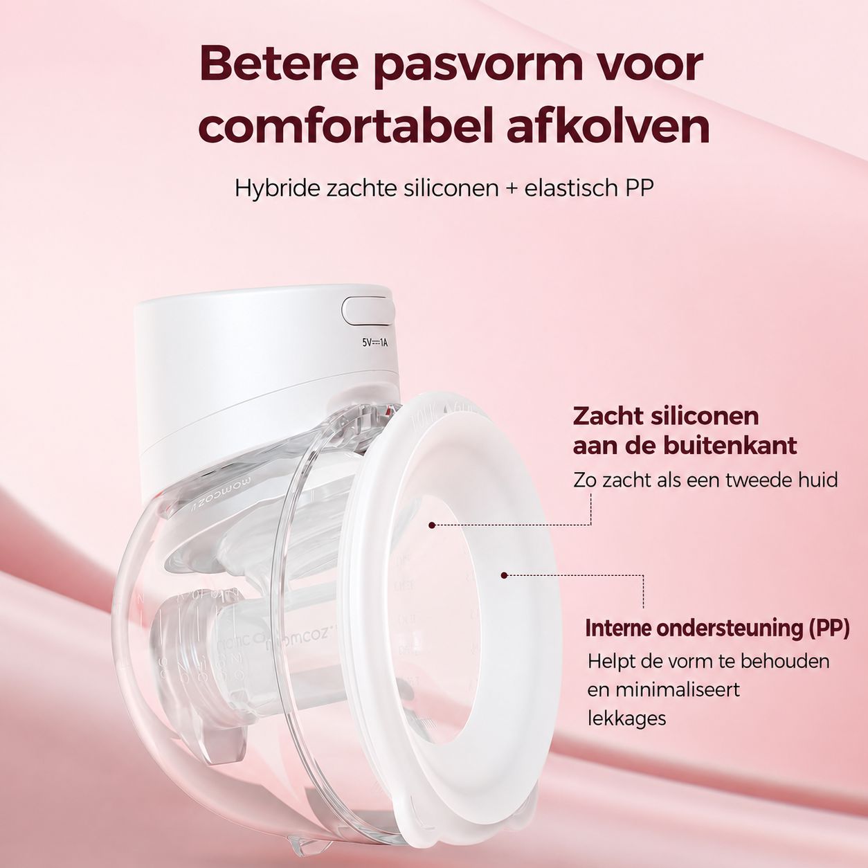 Borstkolf flens van witte kunststof en transparant siliconen met interne steunstructuur.