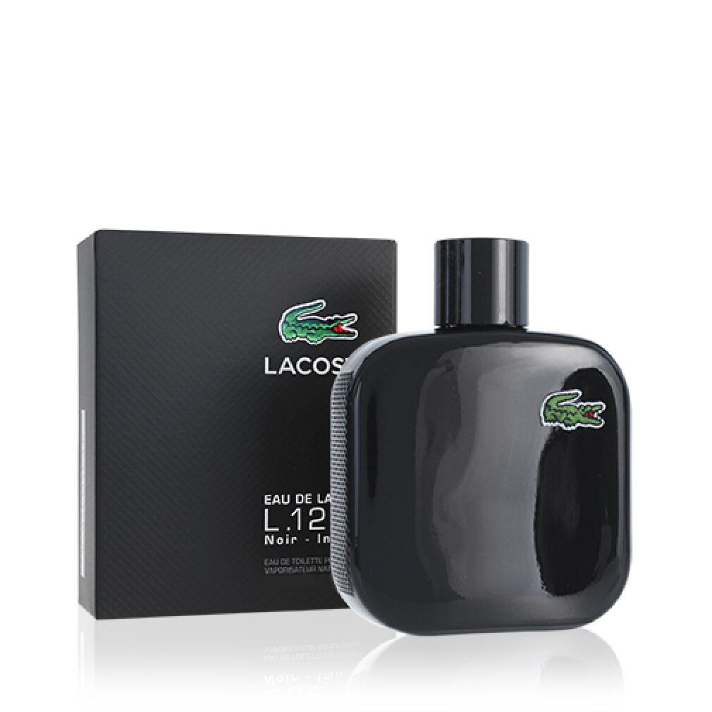Flacon et boîte noirs. Logo crocodile vert sur le flacon et la boîte. Inscription "Lacoste L.12.12 Noir" sur la boîte.