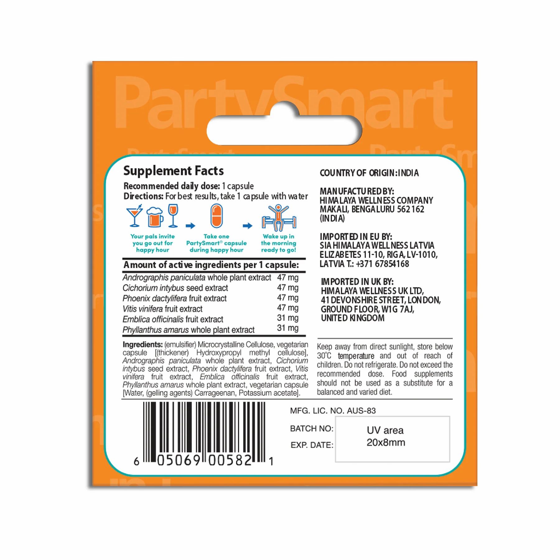 Dos de l'emballage avec informations nutritionnelles, ingrédients et fabricant. Comprend une zone UV.