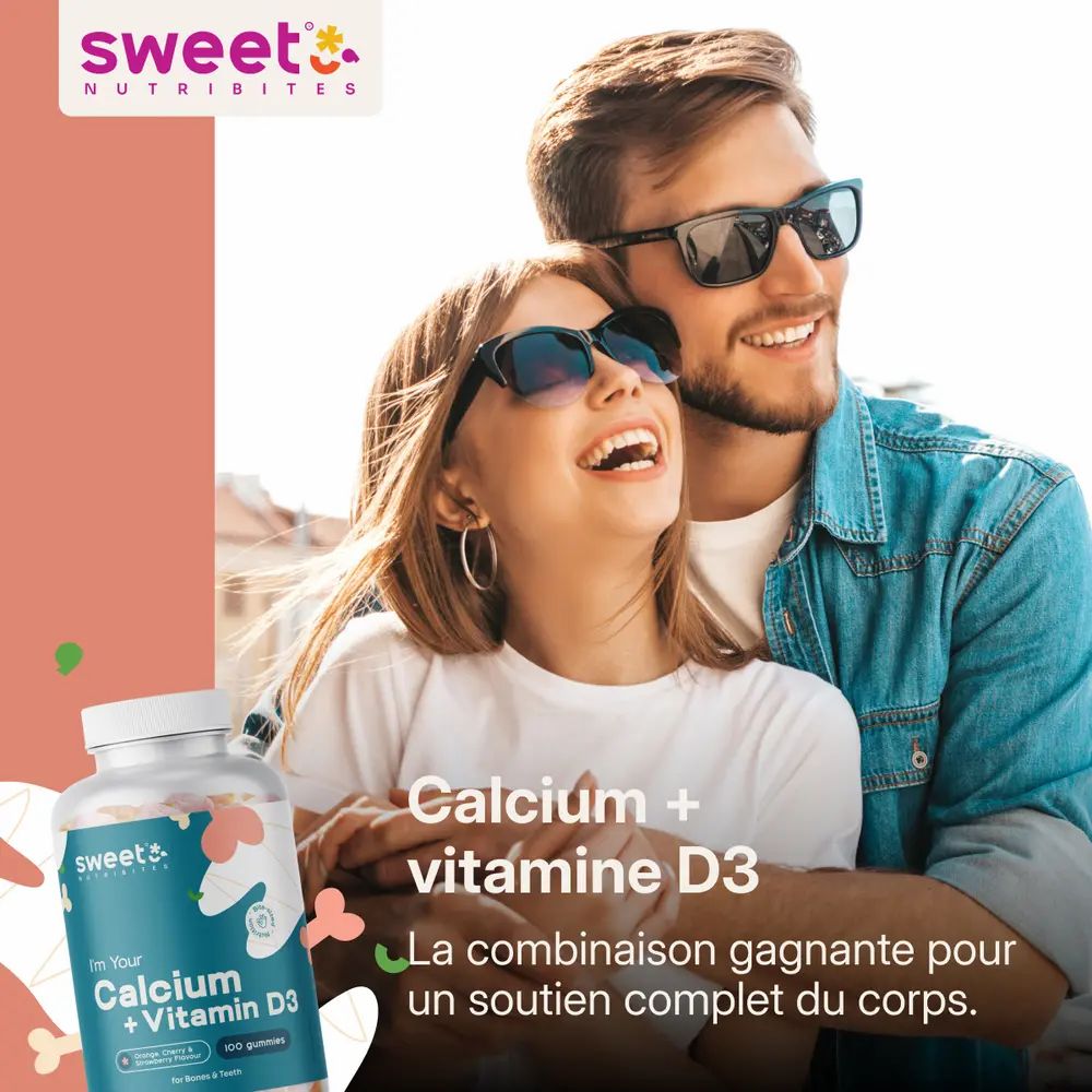 Couple souriant. À côté, flacon Sweet Nutribites Calcium + vitamine D3. Texte: Calcium + vitamine D3, 100 Gummibonbons.