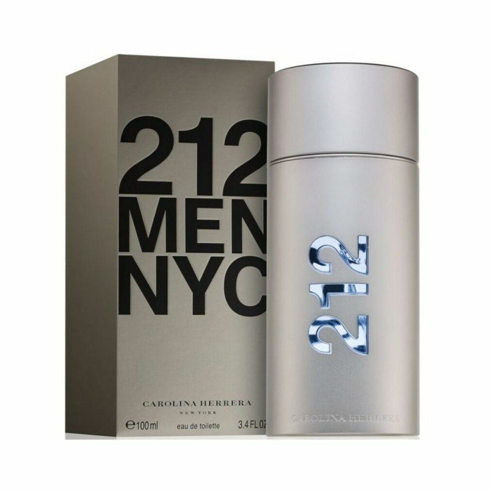 Flacon et emballage Carolina Herrera 212 Men EdT. Flacon argenté avec chiffres bleus "212".