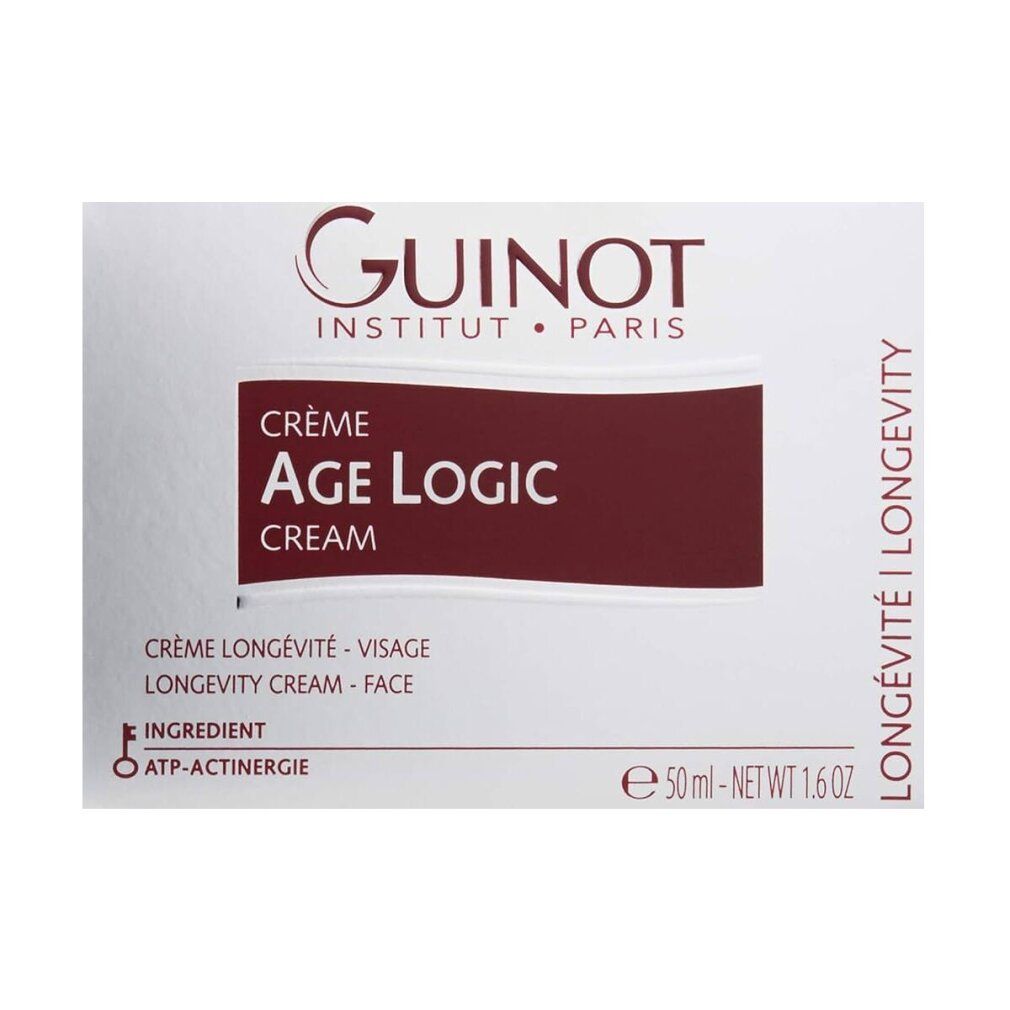 Doos met opschrift: Guinot, Crème Age Logic. 50ml. Longevité. Gezicht. ATP-Actinergie.