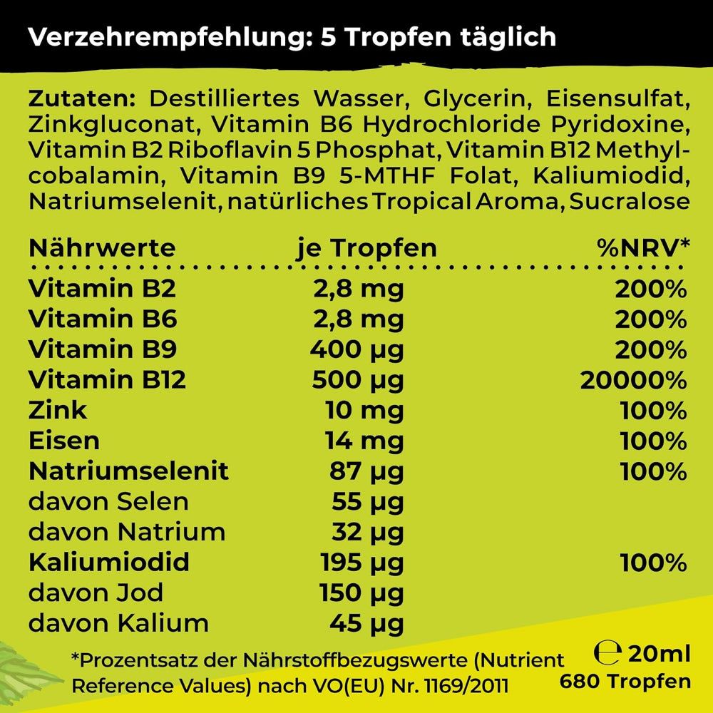 Tekst met voedingswaarden en ingrediënten. Opschrift: Vegan All in One. 20ml, 680 druppels.