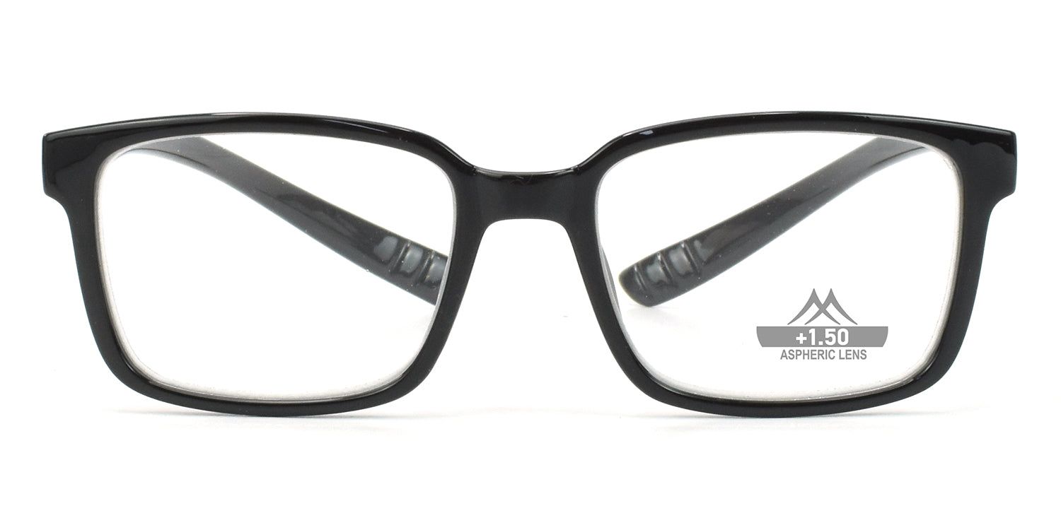 Lunettes noires à verres rectangulaires. "+1.50 ASPHERIC LENS" est inscrit sur le verre droit.