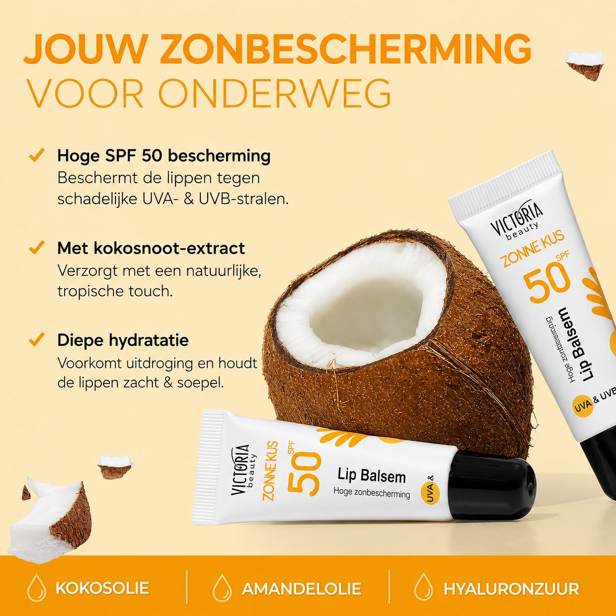 Victoria Beauty lippenbalsem SPF 50 met kokosnoot-extract en UVA/UVB-bescherming.