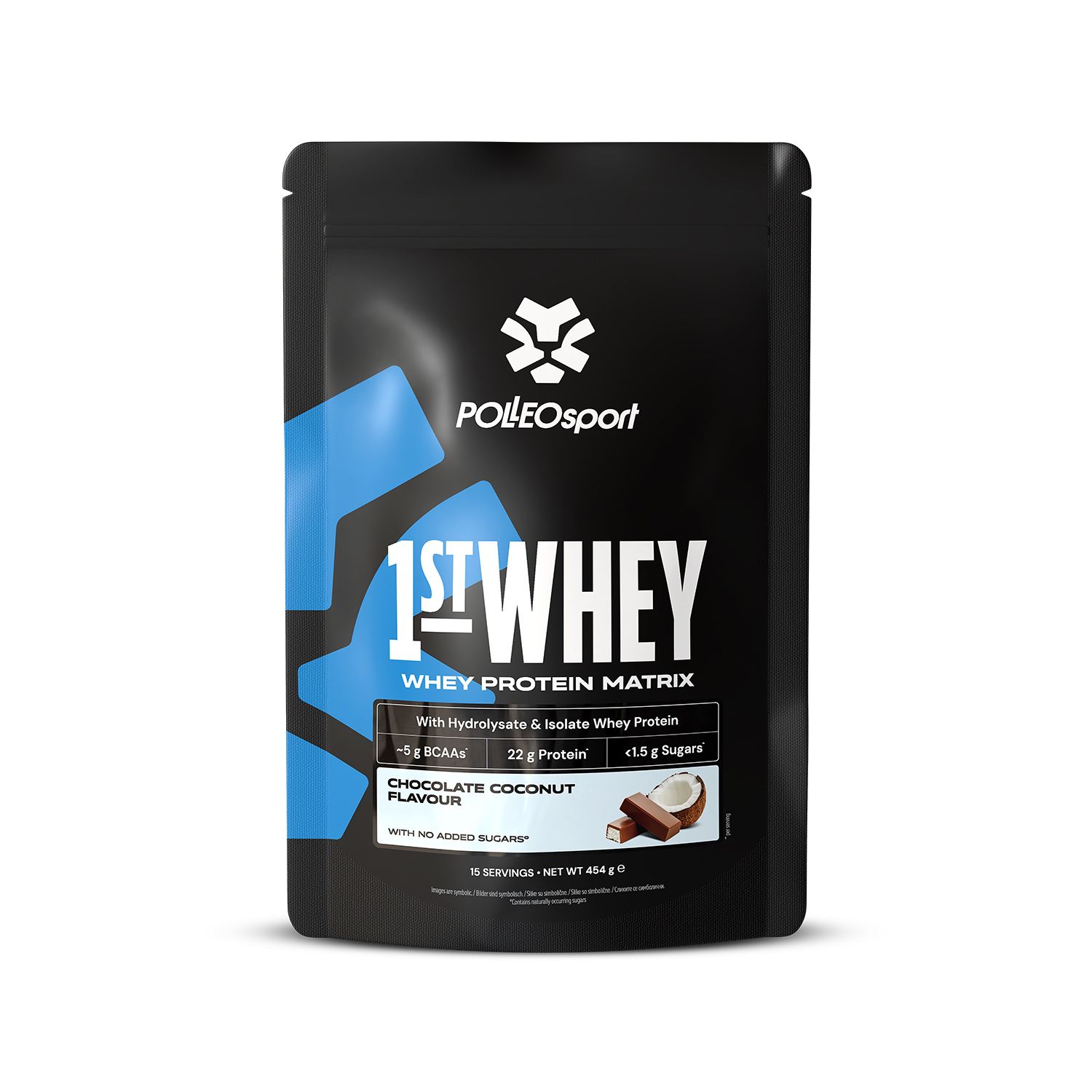 Zwarte zak PolleoSport 1ST:WHEY, smaak chocolade-kokos. Bevat Whey Protein Matrix. Illustratie kokosnoot.