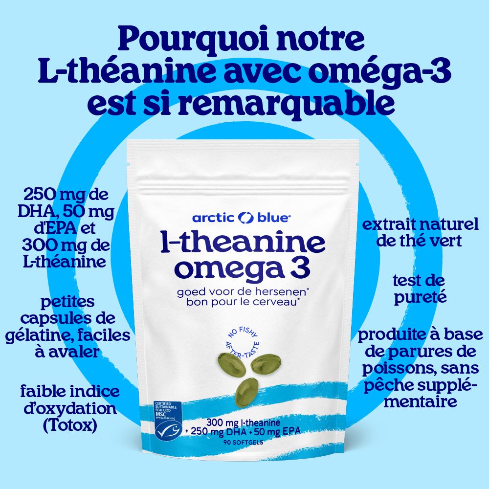Emballage Arctic Blue L-Théanine Oméga-3 avec détails sur les ingrédients et la taille des gélules.