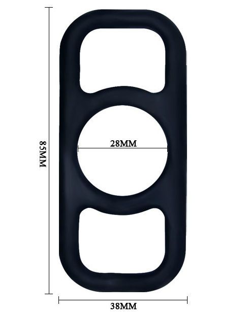 Zwarte siliconen ring met afmetingen: 85mm lengte, 38mm breedte, centrale opening 28mm diameter.