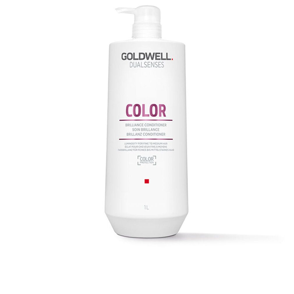 Flacon Goldwell Dual Senses Color Conditioner. Blanc, avec pompe. Inscription: COLOR, Brilliance Conditioner. 1L.