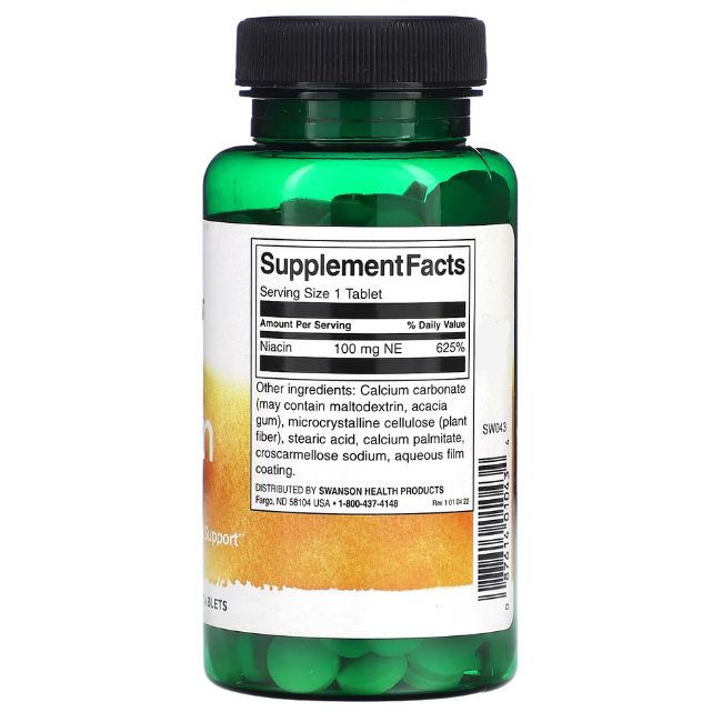 Achterkant groene fles met tabletten. Label met voedingsfeiten, "Niacin 100 mg" en ingrediënten.