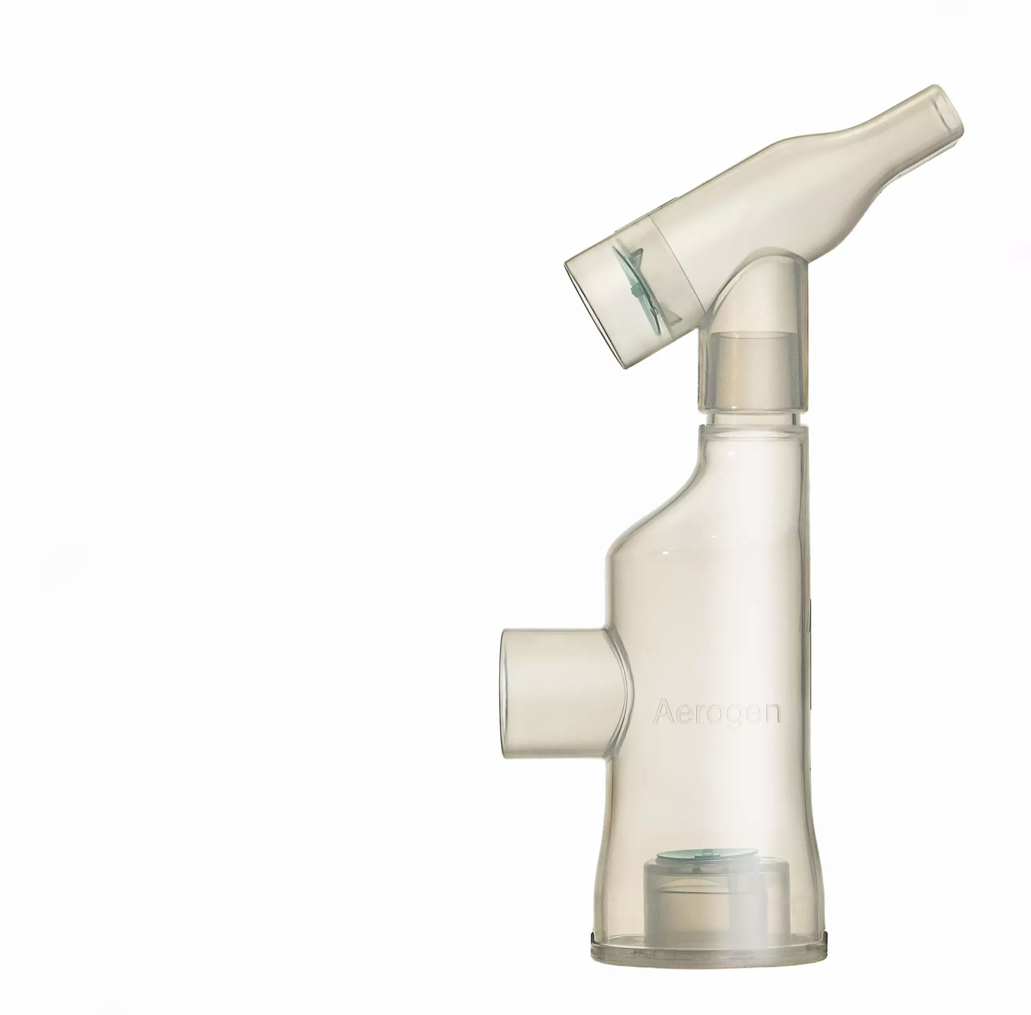 Transparante inhalatiekamer met klep en mondstuk.